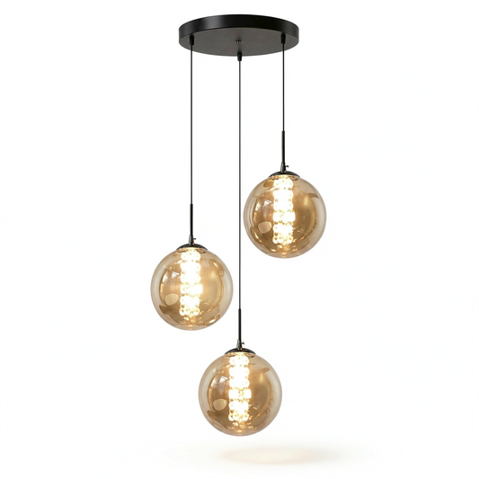 Lampadario a Sospensione con 3 Luci in Vetro Ambra, Altezza Regolabile per Sala da Pranzo e Soggiorno