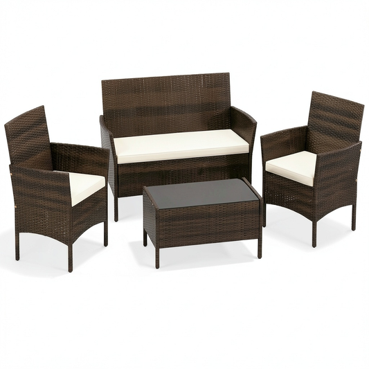 Set Mobili da Giardino in Rattan 4 Pezzi con Cuscini, Divano e Poltrone con Tavolo in Vetro Temperato