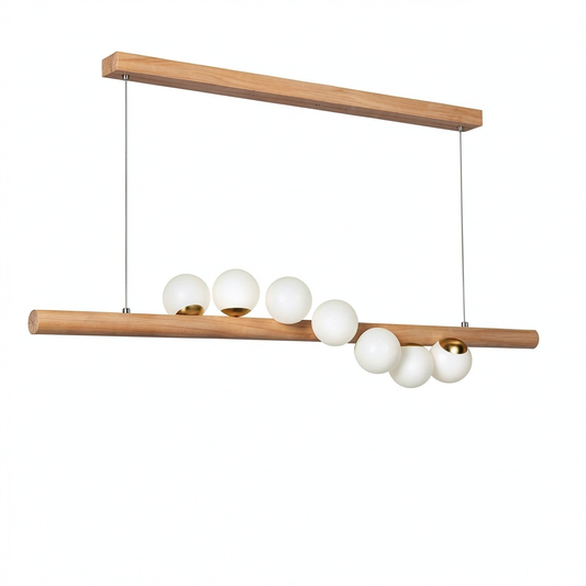 Lampadario a sospensione vintage in legno con sfere di vetro regolabili