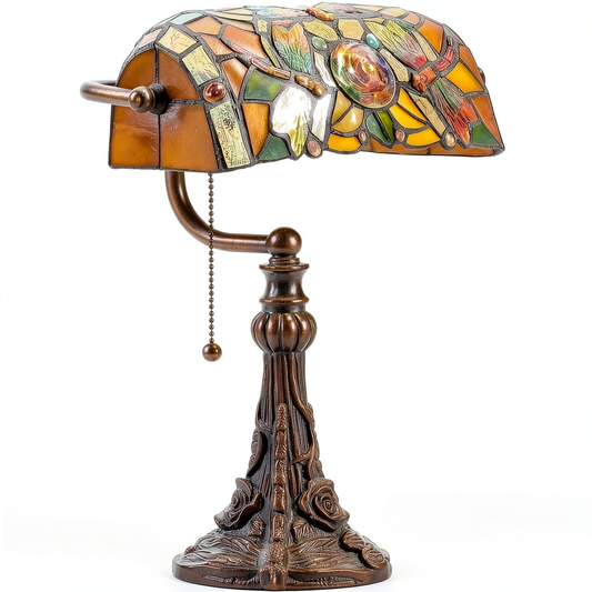 Lampada da tavolo in stile Tiffany con libellula, vetro colorato ambra, paralume 25 cm