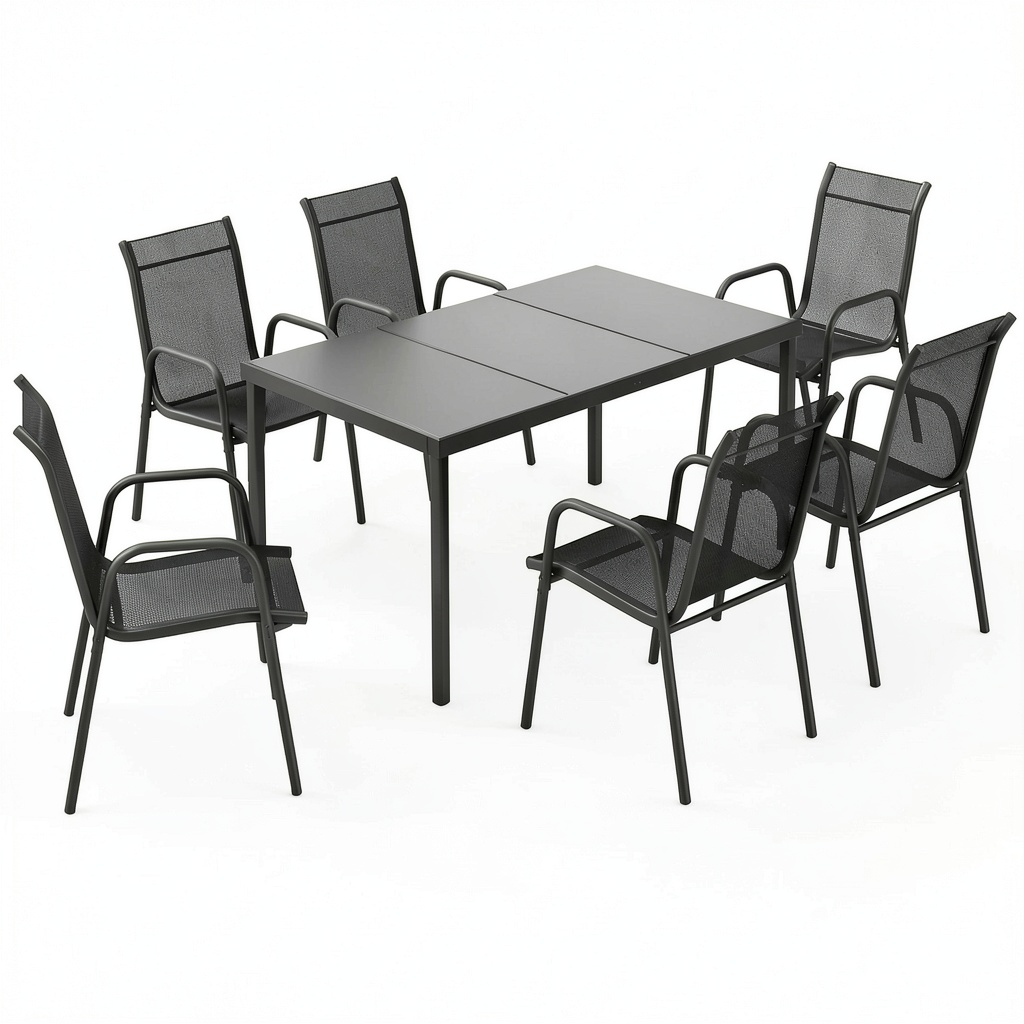 Set da Pranzo per Esterno 7 Pezzi con Tavolo in Vetro e Sedie Impilabili