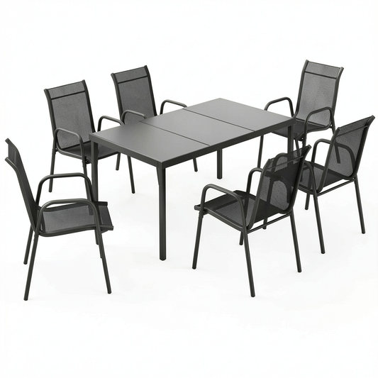 Set da Pranzo per Esterno 7 Pezzi con Tavolo in Vetro e Sedie Impilabili