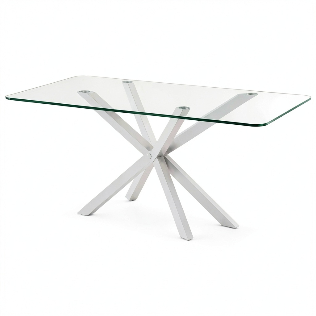 Tavolo Moderno Rettangolare 160x90 cm in Vetro Temperato e Acciaio Bianco