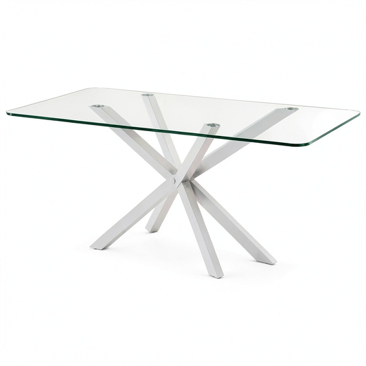 Tavolo Moderno Rettangolare 160x90 cm in Vetro Temperato e Acciaio Bianco