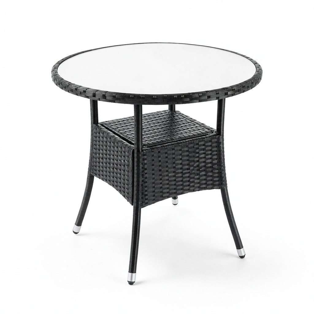 Tavolo da Giardino Rotondo in Polyrattan con Piano in Vetro Regolabile