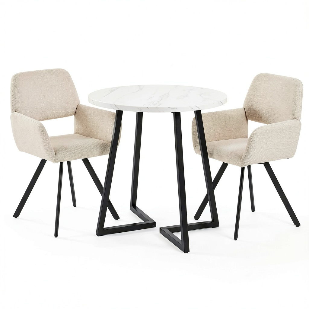 Set tavolo rotondo con sedie girevoli in stile contemporaneo, MDF effetto marmo, 80 cm, 2 posti