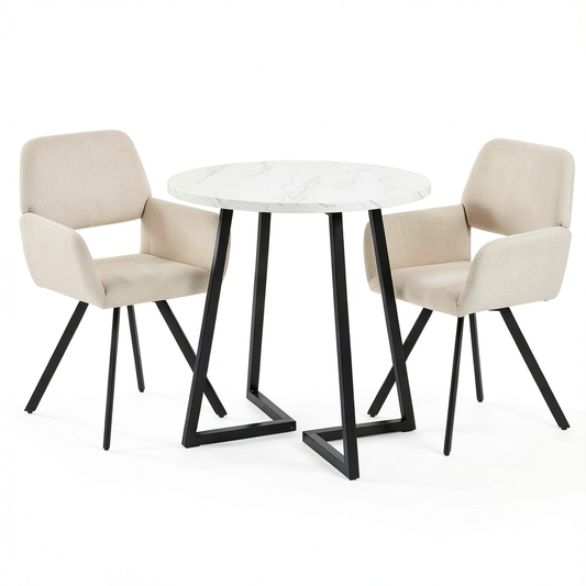 Set tavolo rotondo con sedie girevoli in stile contemporaneo, MDF effetto marmo, 80 cm, 2 posti