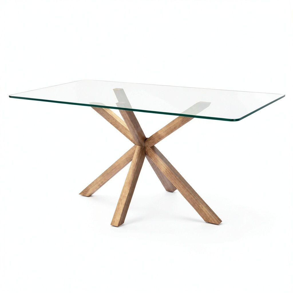 Tavolo Rettangolare 160x90 cm con Vetro Temperato e Acciaio Effetto Legno